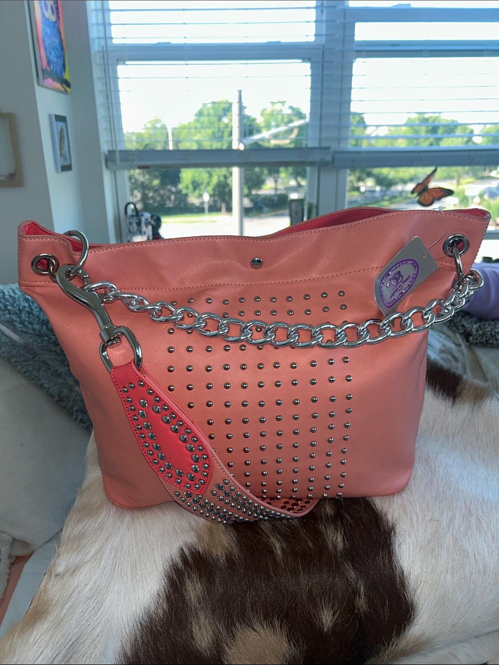 Sharif Silver Studded Coral Tote Bag with Dual Chain Straps 17”x 6.5”x 12.5” NWT - Picture 8 of 14